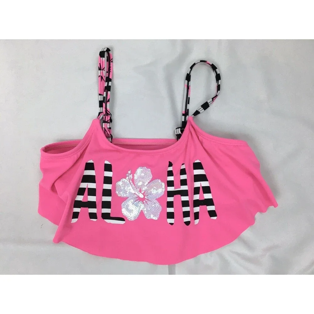 Justice Girl Size 12 Pink Swim Top Ruffle “Aloha” Bikini‎